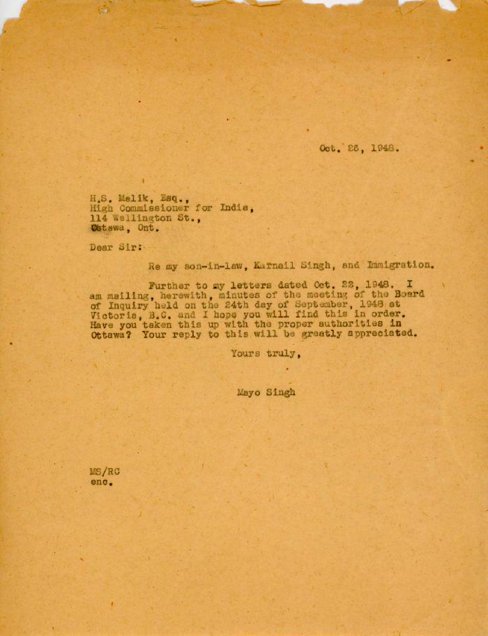 [Letter from Mayo Singh to H. S. Malik]