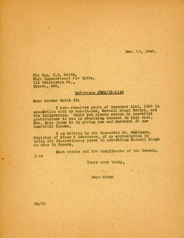 [Letter from Mayo Singh to the Hon. H. S. Malik]