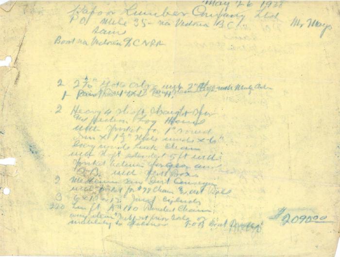 [Descriptive handwritten list of equipment to be delivered to Kapoor Lumber Company Ltd.]