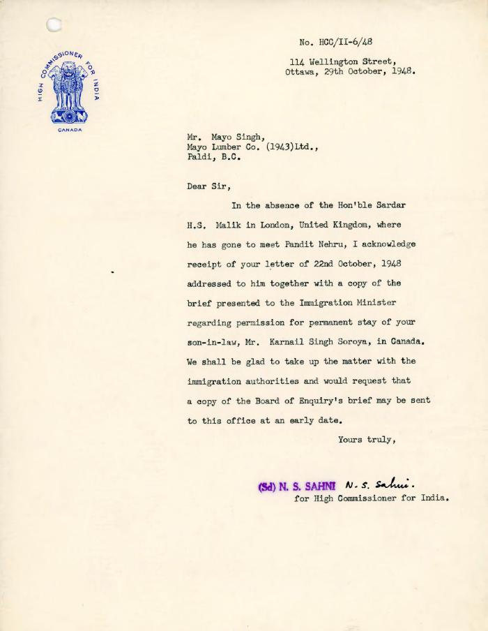 [Letter from N. S. Sahni, for H. S. Malik, to Mayo Singh]
