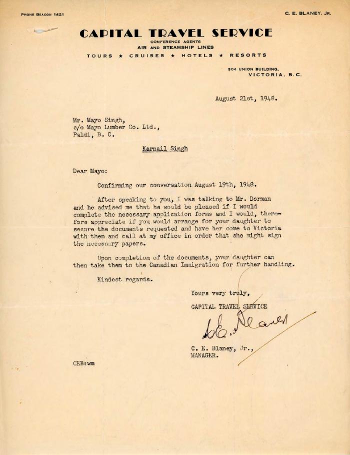 [Letter from C. E. Blaney, Jr. to Mayo Singh]