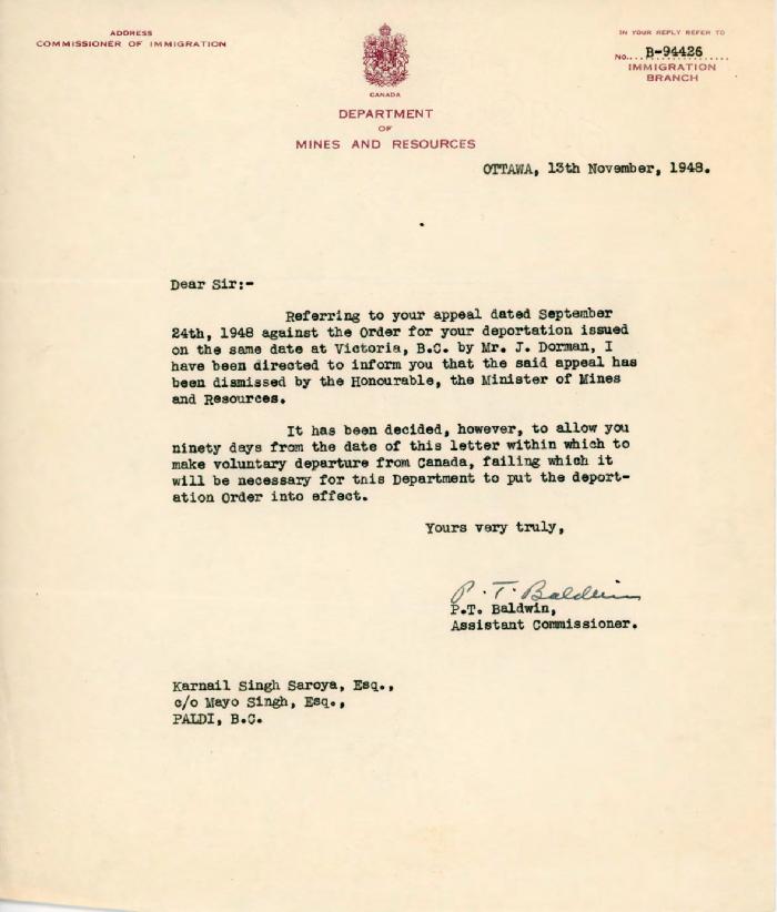 [Letter from P. T. Baldwin, Assistant Commissioner of Immigration, to Karnail Singh]