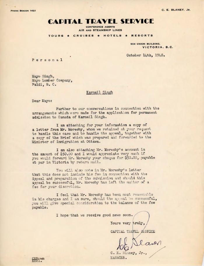 [Letter from C. E. Blaney, Jr. to Mayo Singh]