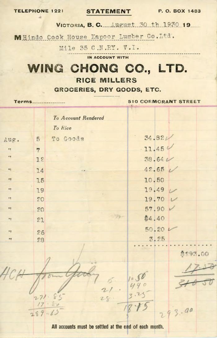 [Account statement for the Cook House at Kapoor Lumber Co. Ltd. with Wing Chong Co. Ltd.]