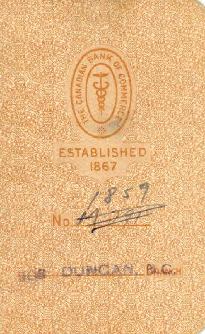[Yellow savings account booklet from the Fairview branch in Duncan, B.C. of The Canadian Bank of Commerce]