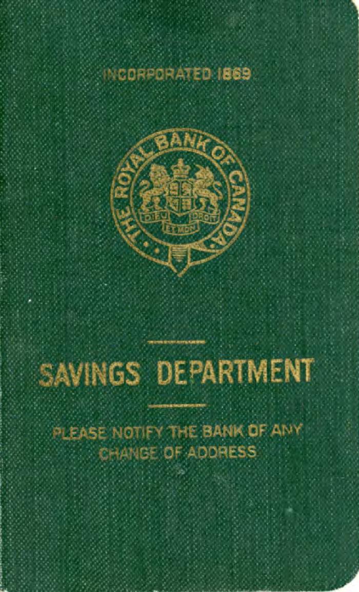 [Green savings account booklet from The Royal Bank of Canada in Victoria, B.C.]