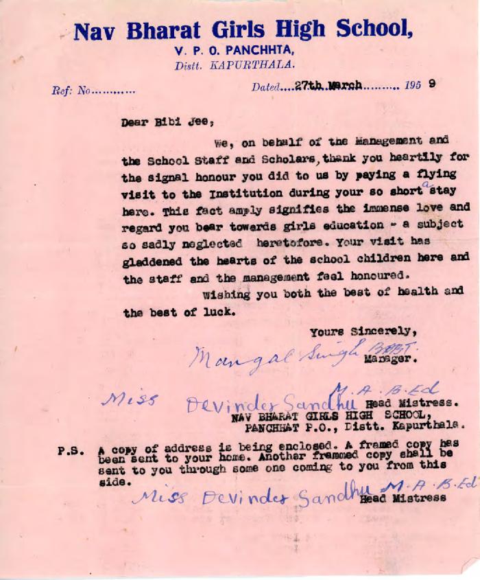 [Letter from Mangal Singh and Devinder Sandhu to Bibi Jee]