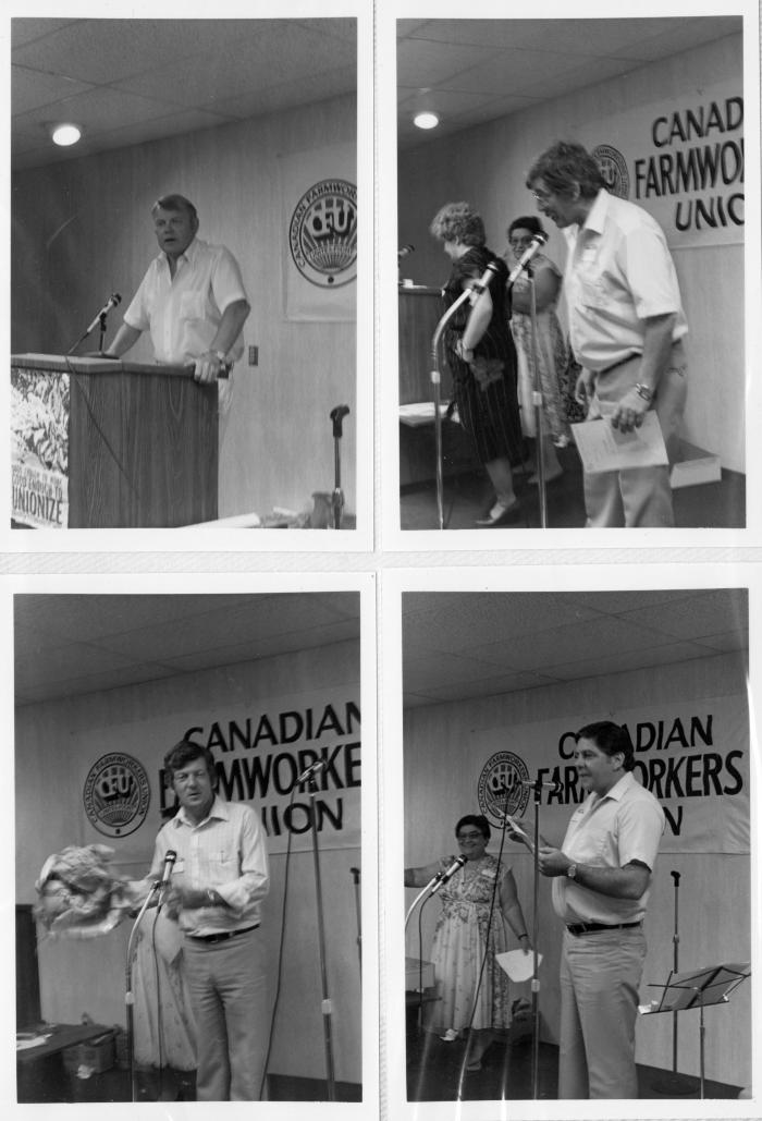 [Photos of Jim Kinnaird, Mike Kramer, and Gerry Stoney addressing a union meeting]