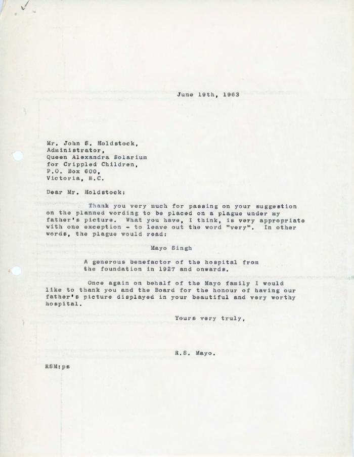 [Letter from Rajindi S. Mayo to John. S. Holdstock]