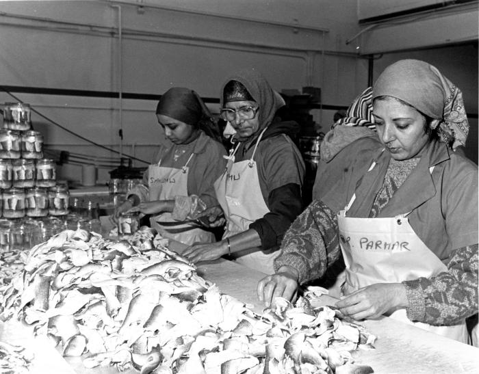 [Photo of unidentified women processing pickled herring in Richmond, BC]