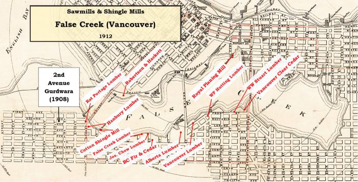 [Map of sawmills & shingle mills at False Creek, Vancouver, BC]