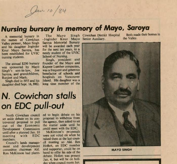 [Newspaper clipping announcing The Mayo Singh-Joginder Kour Mayo Saroya Memorial Bursary]