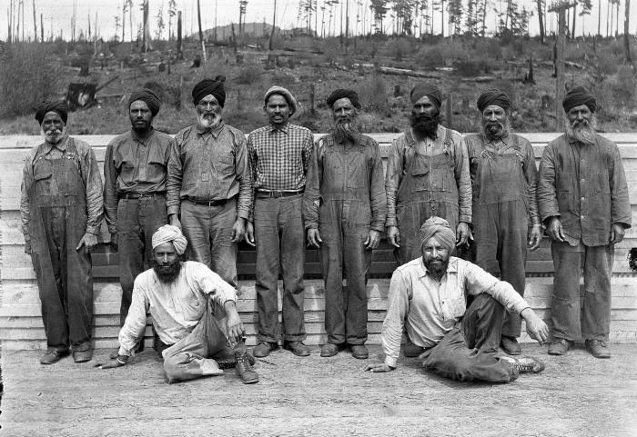 [Group photo of Sikh lumber mill workers at the Hillcrest Lumber Company, Sahtlam, BC]