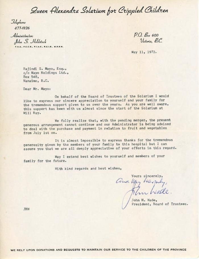 [Letter from John H. Wade to Rajindi S. Mayo]