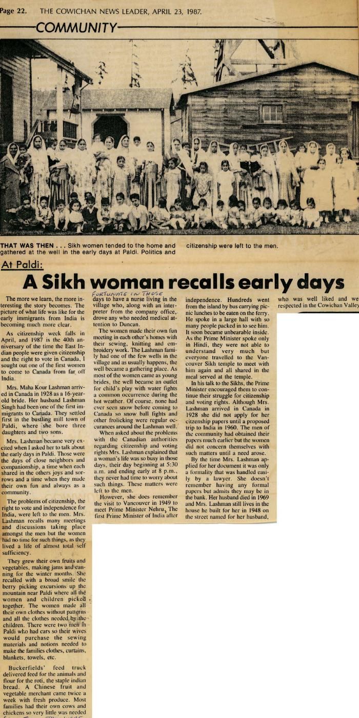 [A Sikh woman recalls early days]