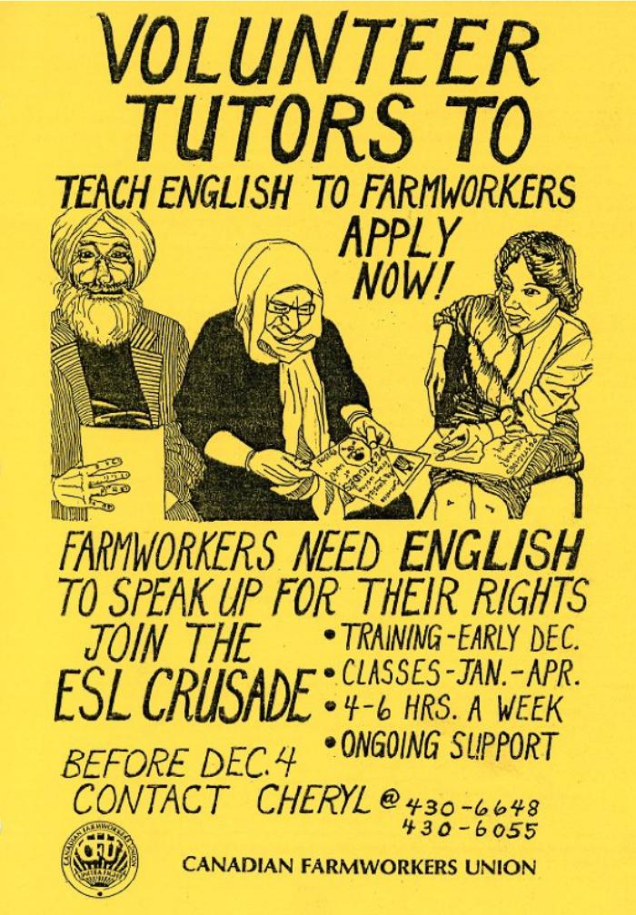 [Poster by Canadian Farmworkers Union inviting volunteer tutors to teach English to farmworkers]