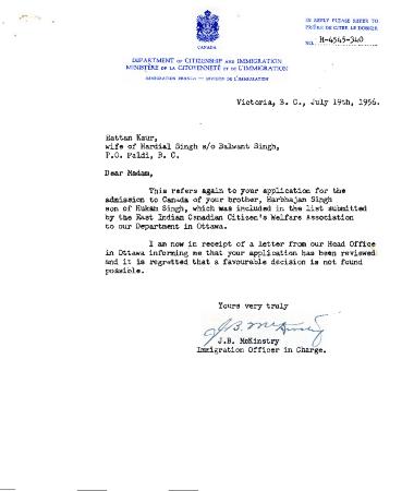 [Letter from the Citizenship and Immmigration to Mrs. Rattan Kaur]