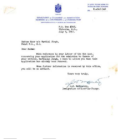 [Letter from the Department of Citizenship and Immmigration to Mrs. Rattan Kaur]