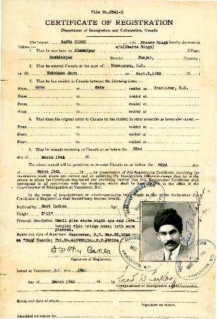 [Certificate of registration for Banta Singh by the Department of Immigration and Colonization, Canada]