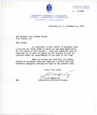 [Letter from the Department of Citizenship and Immmigration to Mrs. Rattan Kaur]