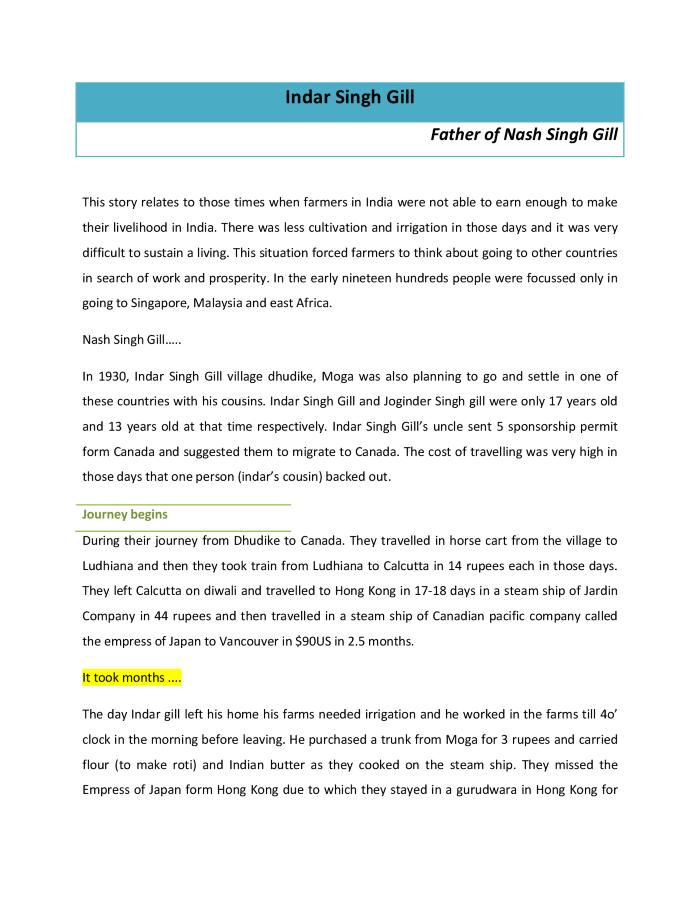 [Document of Indar Singh Gill coming to Canada]