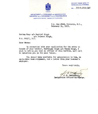 [Letter from the Department of Citizenship and Immmigration to Mrs. Rattan Kaur]