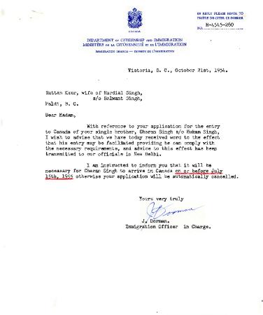 [Letter from the Department of Citizenship and Immmigration to Mrs. Rattan Kaur]