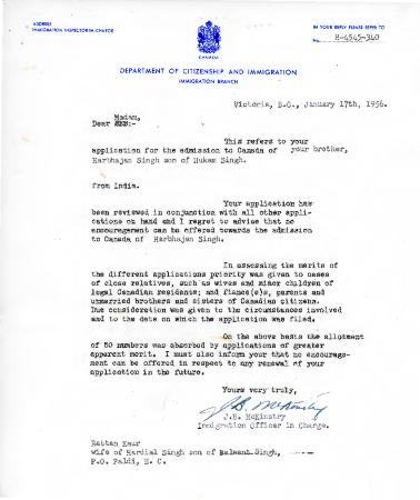 [Letter from the Department of Citizenship and Immmigration to Mrs. Rattan Kaur]