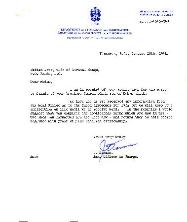 [Letter from the Department of Citizenship and Immmigration to Mrs. Rattan Kaur]