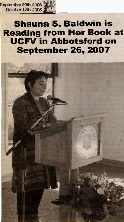 [Newspaper clipping titled, Shauna S. Baldwin is reading from her book at UCFV in Abbotsford on September 26, 2007]