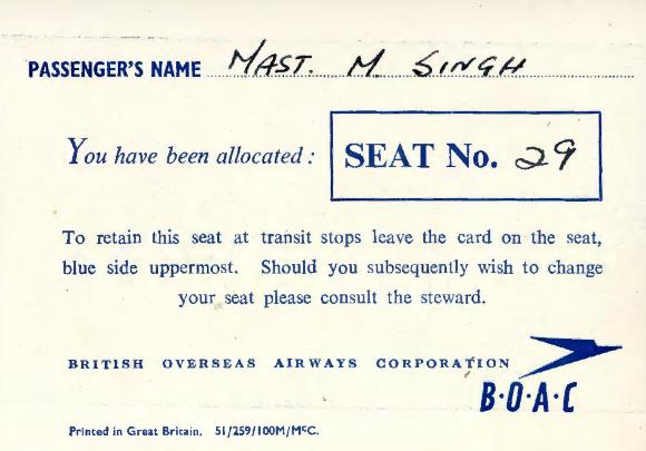 [Passenger card for Mast. M. Singh]