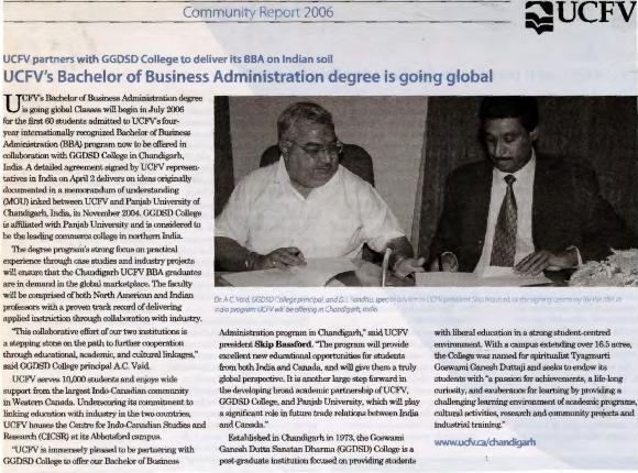 [Newspaper clipping titled, UCFV's Bachelor of Business Administration degree is going global]