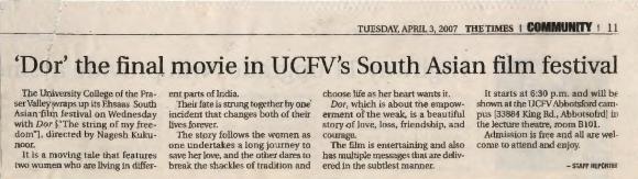 [Newspaper clipping titled, "Dor" the final movie in UCFV's South Asian film festival]