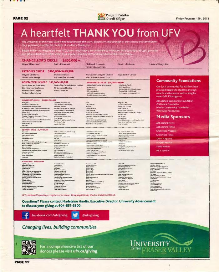 [Newspaper clipping titled, a heartfelt thank you from UFV]
