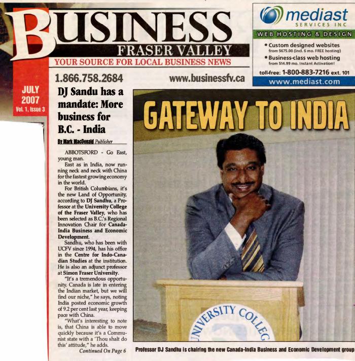 [Newspaper clipping titled, DJ Sandu has a mandate: more business for B.C. - India]