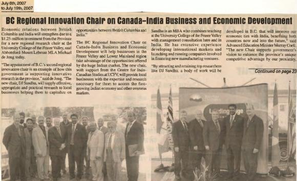 [Newspaper clipping titled, BC regional innovation chair on Canada- India business and economic development]