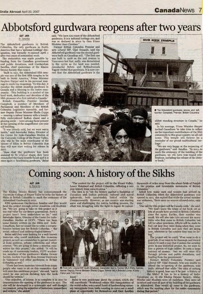 [Newspaper clipping titled, Abbotsford gurdwara reopens after two years]
