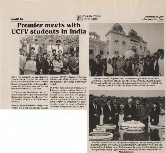 [Newspaper clipping titled, Premier meets with UCFV students in India]