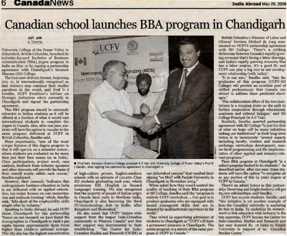 [Newspaper clipping titled, Canadian school launches BBA program in Chandigarh]