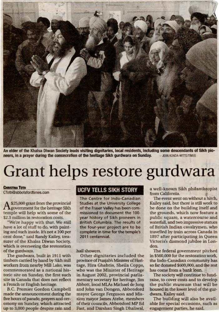 [Newspaper clipping titled, Grant helps restore gurdwara]