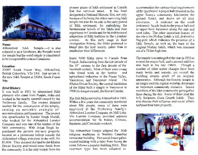 [Information brochure on the Abbotsford Sikh Temple]