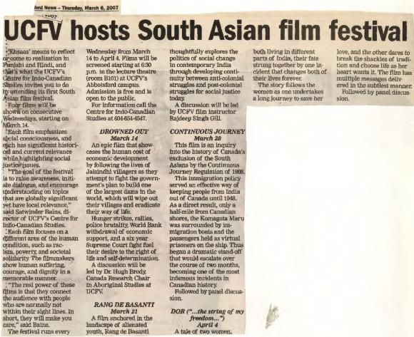 [Newspaper clipping titled, UCFV hosts South Asian film festival]