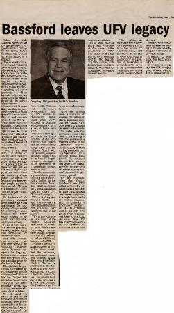 [Newspaper clipping tilted, Bassford leaves UFV legacy]