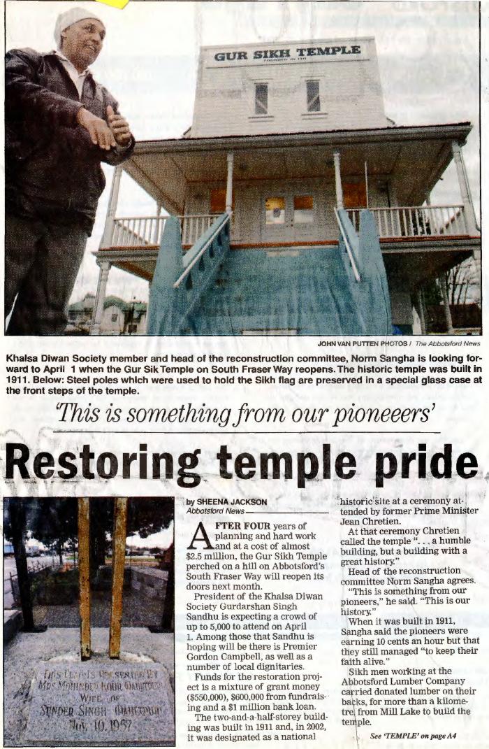 [Newspaper clipping titled, Restoring temple pride]
