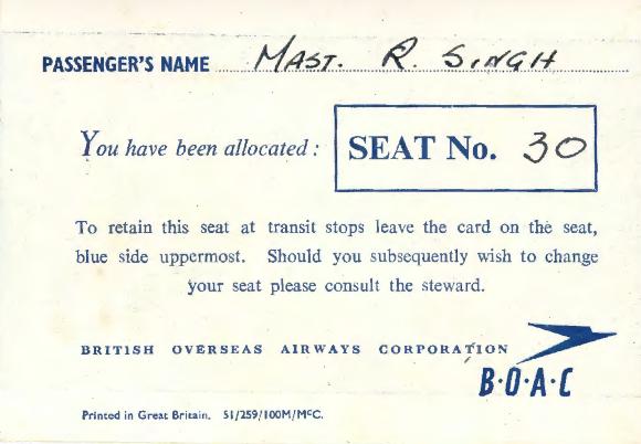 [Passenger Card for Mast. R. Singh issued by the British Overseas Airways Corporation]