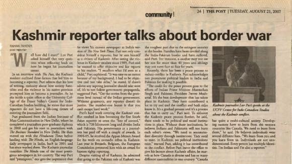 [Newspaper clipping titled, Kashmir Reporter talks about border war]