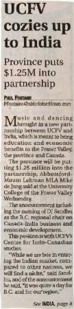[Newspaper clipping titled, UCFV cozies up to India]