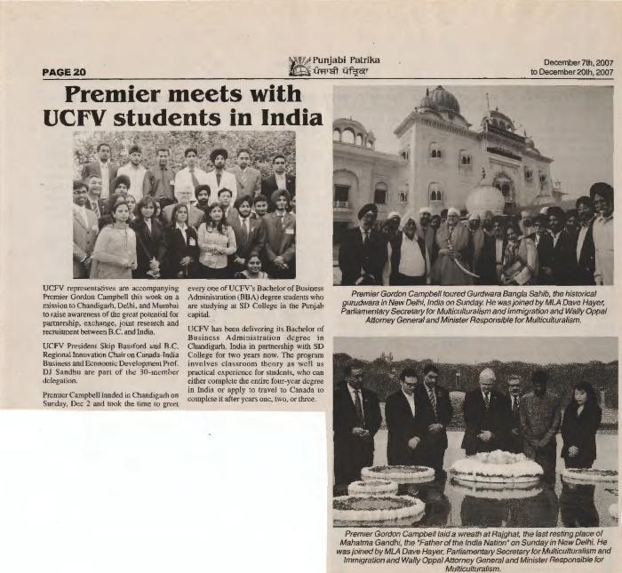 [Newspaper clipping titled, Premier meets with UCFV students in India]