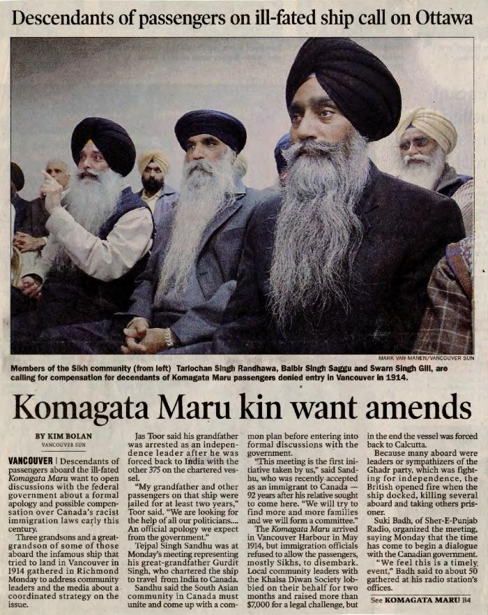 [Newspaper clipping titled, Descendants of passengers on ill-fated ship call on Ottawa, Komagata Maru kin wants amends]