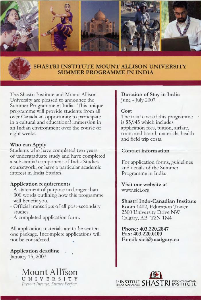 [Poster titled, Shastri Institute Mount Allison University summer program In India]